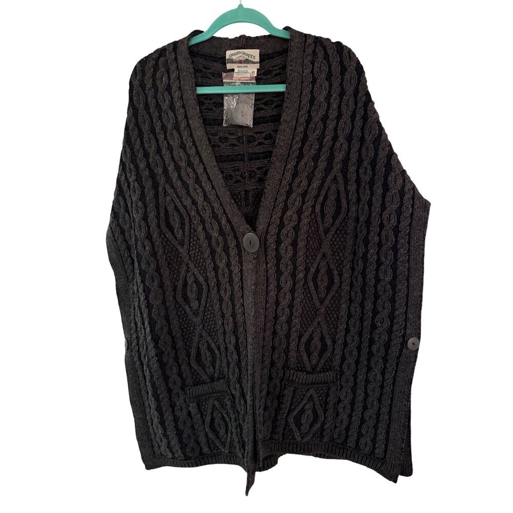 Aran Crafts Womens Vest Poncho Size M/L Irish Wool Gray One Button Casual New